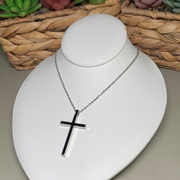 Other - Black and Silver Tone Simple Cross Necklace, on  20”-22” chain.
